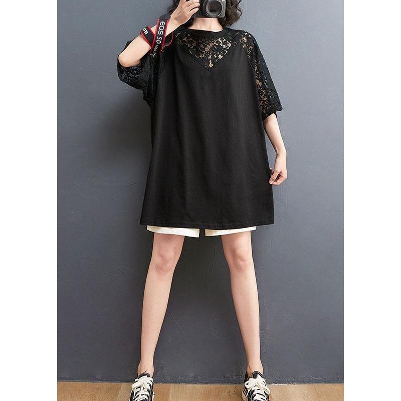 Women Black O-Neck Hollow Out Half sleeve Cotton Summer Top