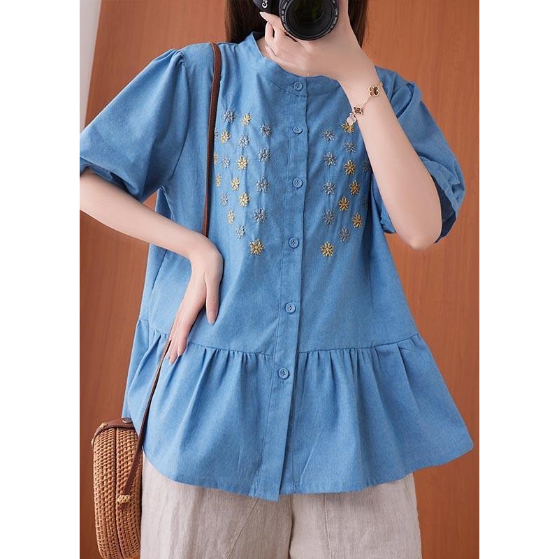 Women Blue Embroideried O-Neck Cotton Summer Shirts