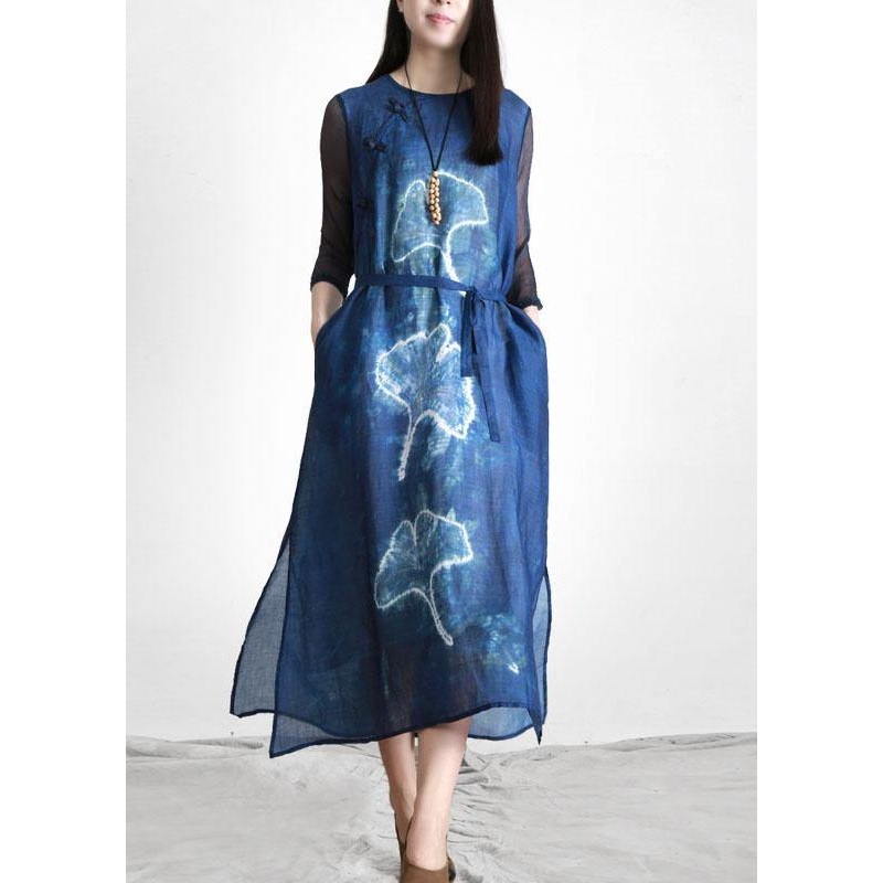 Women Blue Print tie waist Linen side open Summer Ankle Dress