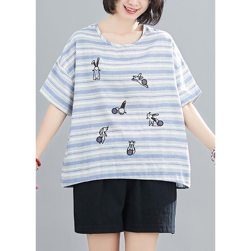 Women Blue Striped Embroidered rabbit Cotton Linen Summer Top