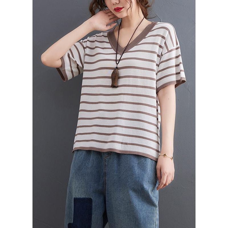 Women Khaki Striped side open Cotton Linen Summer Tops