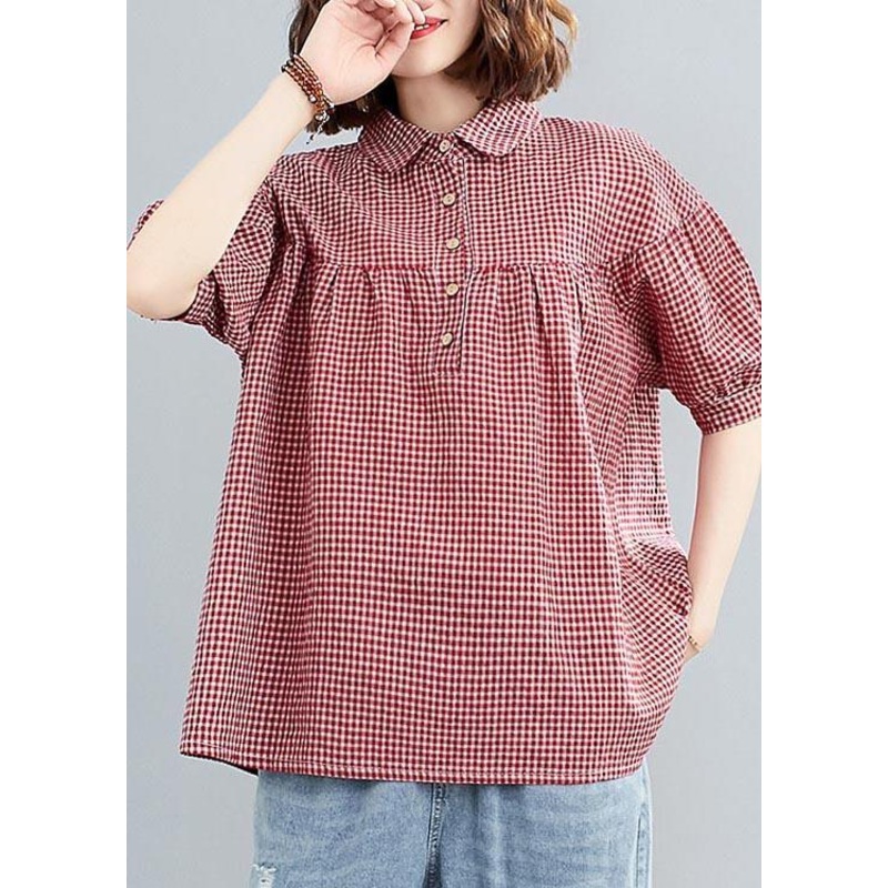Women Red Plaid Peter Pan Collar Cotton Linen Summer Blouses