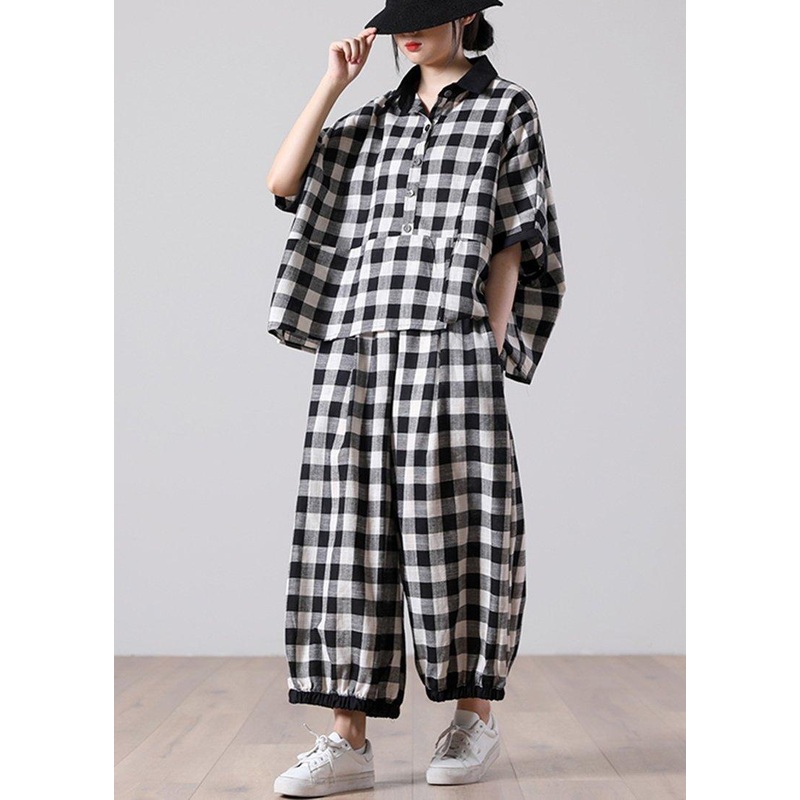 2021 Women Art Plaid Short Sleeve Casual Plaid Two Piece Set