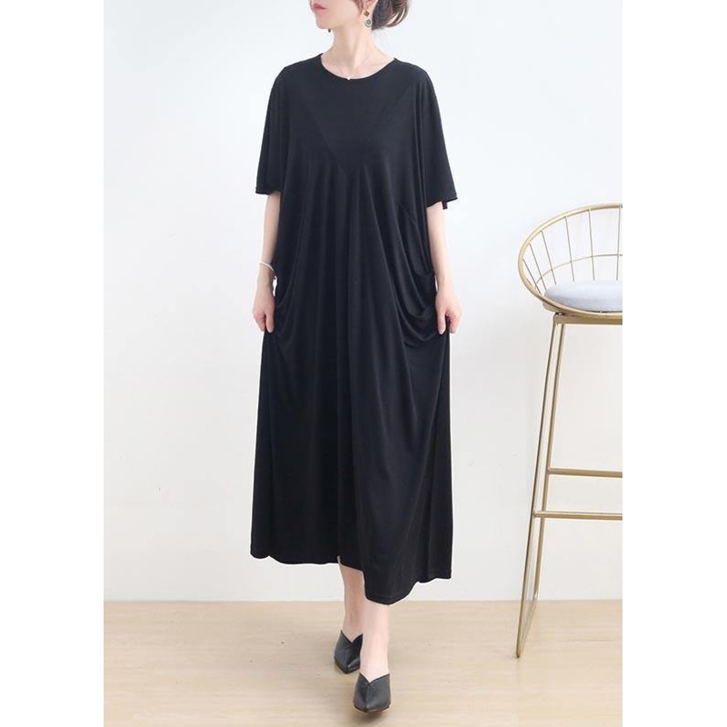 Art Black Cinched O-Neck Summer Cotton Dress