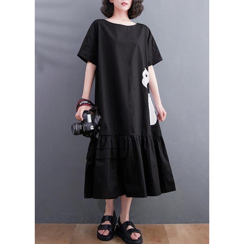 Art Black Floral asymmetrical design Maxi Summer Cotton Dress
