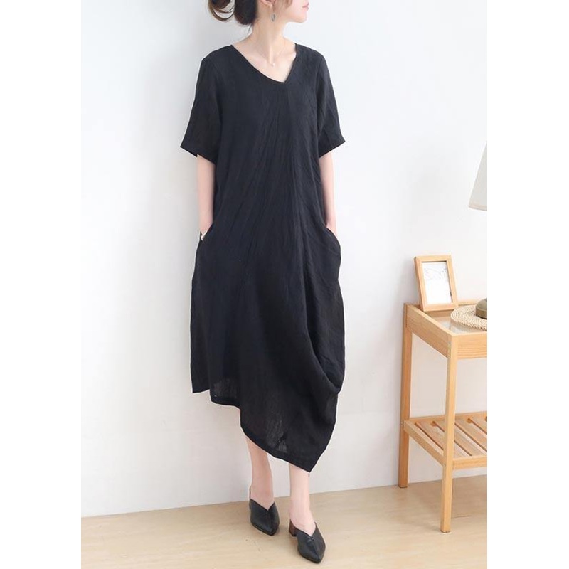 Art Black Short Sleeve Casual Maxi Summer Linen Dress