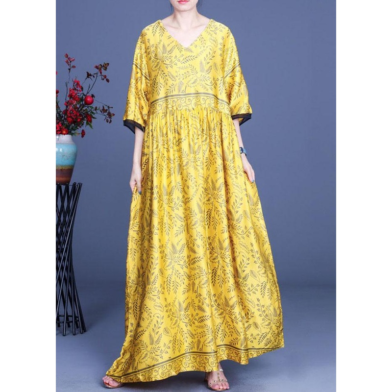 Art Yellow Print Silk Loose Long Dresses Summer