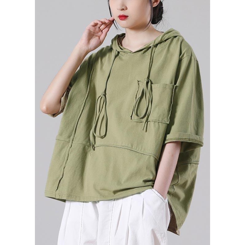 Beautiful Grass Green hooded Patchwork Cotton Tee Summer