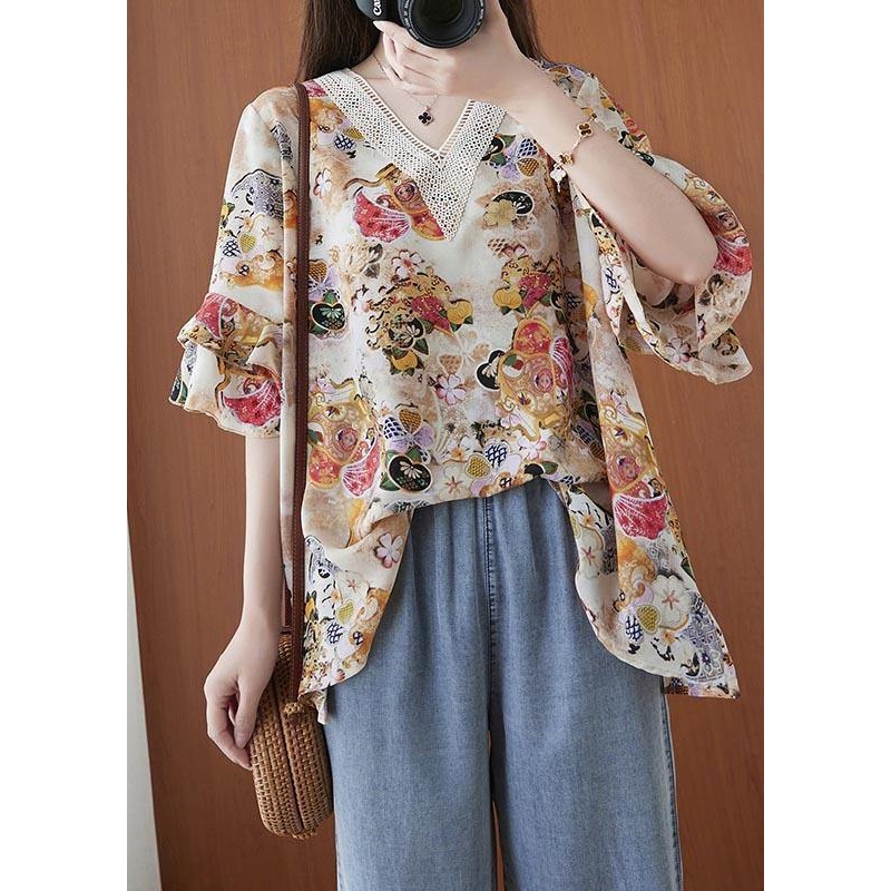 Beautiful Print V Neck flare sleeve Chiffon Top Summer