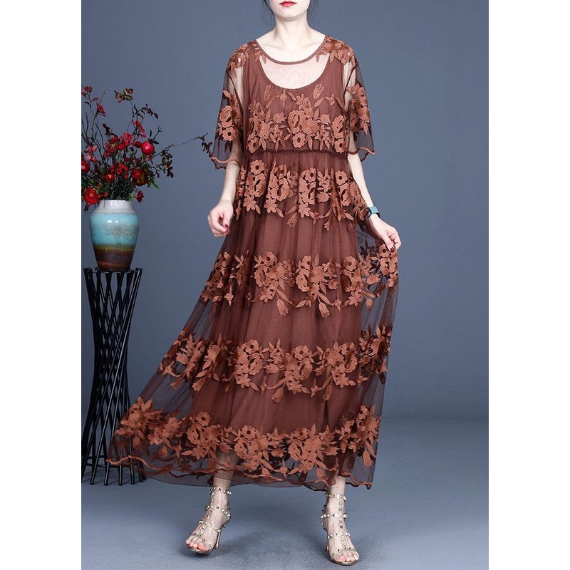 Bohemian Chocolate Embroideried Summer Lace Summer Dresses Half Sleeve