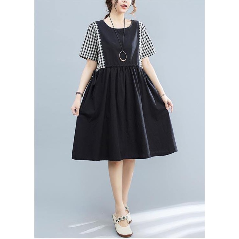 Boho Black Patchwork Plaid Cotton  Loose Summer Long Dress
