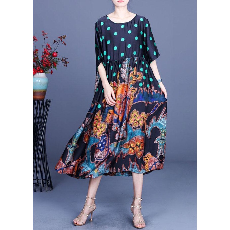 Boho Black Print O-Neck Half Sleeve Silk Vacation Dresses Summer