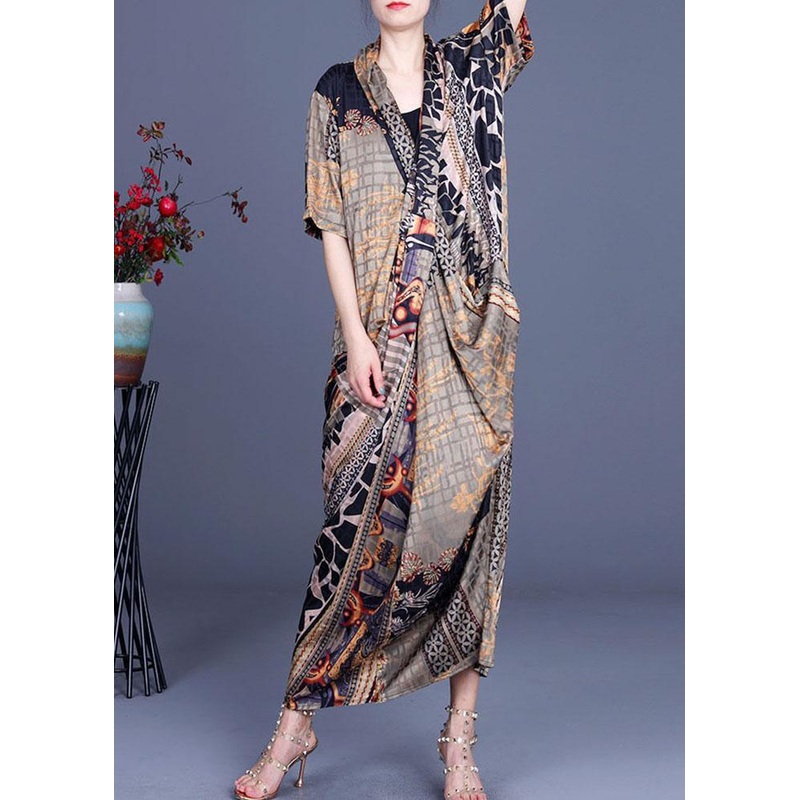 Boutique Khaki Print Overlapping asymmetrical design Silk Summer Maxi Dress