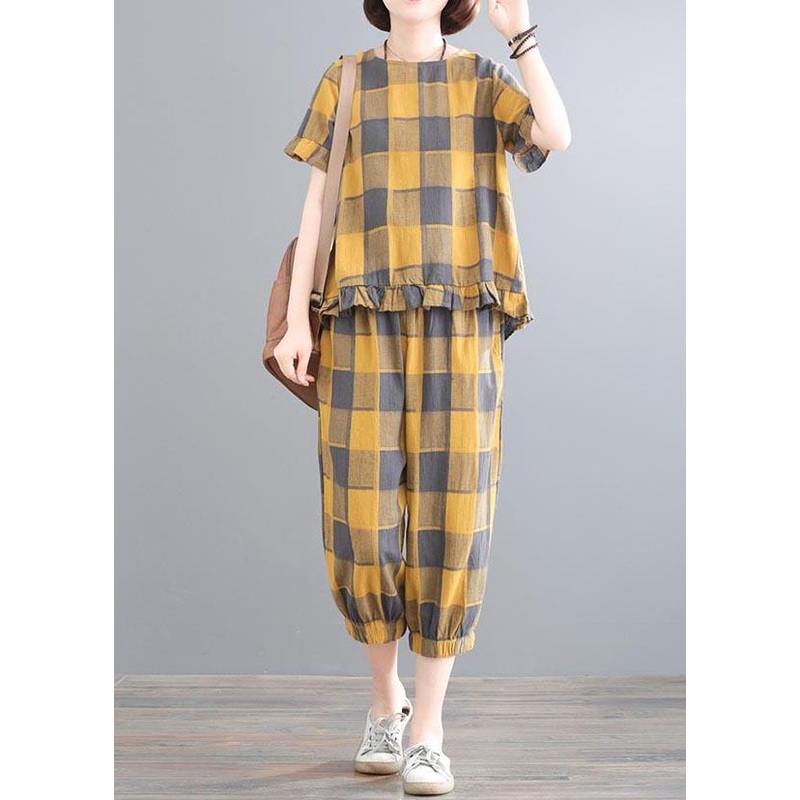 Boutique Yellow Plaid Ruffled Two Pieces Set Summer Linen