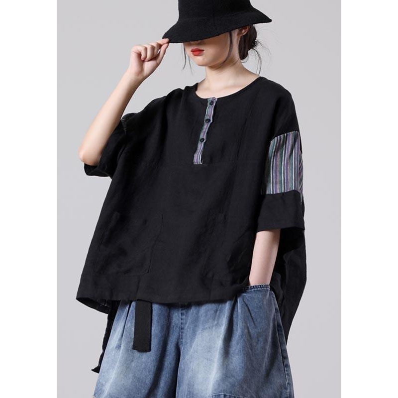 Casual Black Patchwork Cotton Linen Tops Summer