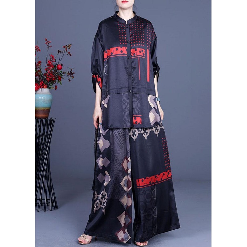 Casual Black Print Silk Low high design Wide Leg Women Two Pieces Sets