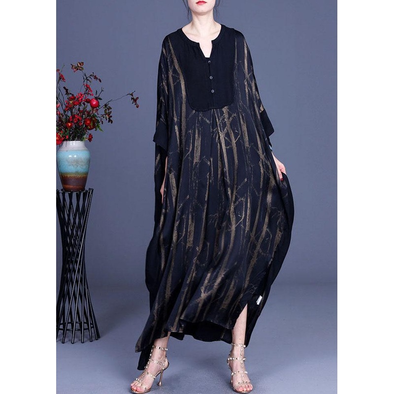 Casual Black V Neck Print Patchwork Silk Summer Dresses Batwing Sleeve