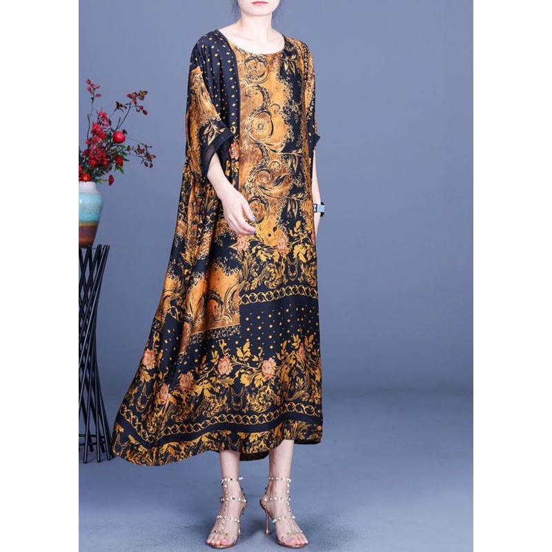 Casual Chocolate Print O-Neck Silk Summer Party Dress