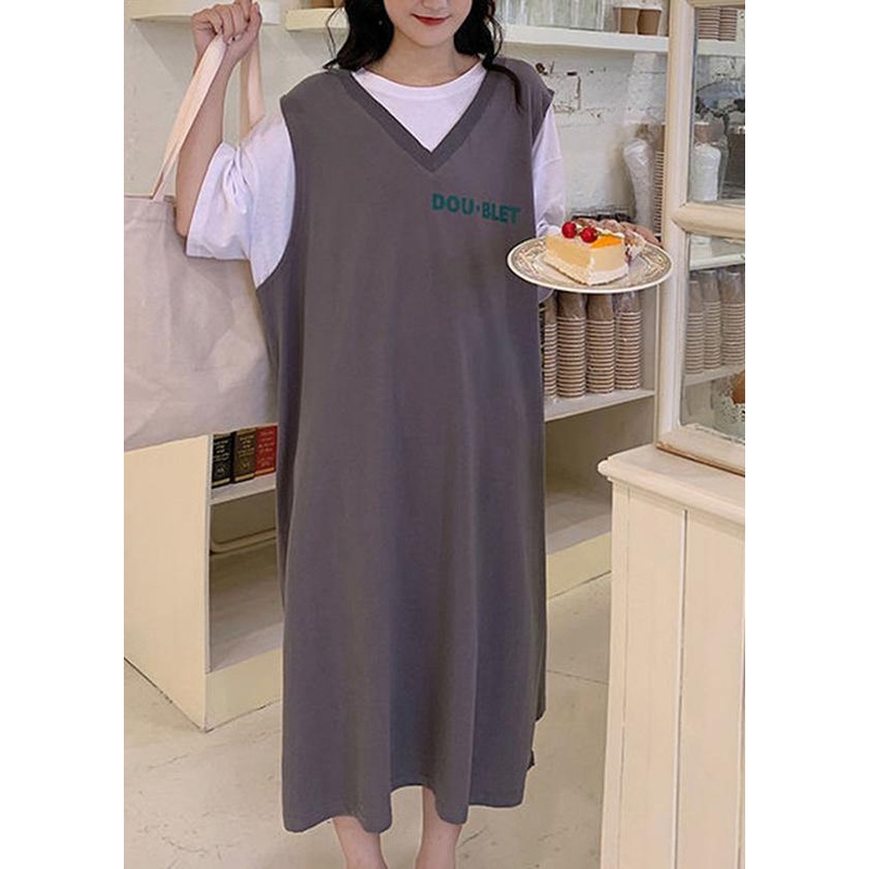 Casual Grey Graphic Cotton Short Sleeve Summer Maxi Dresses