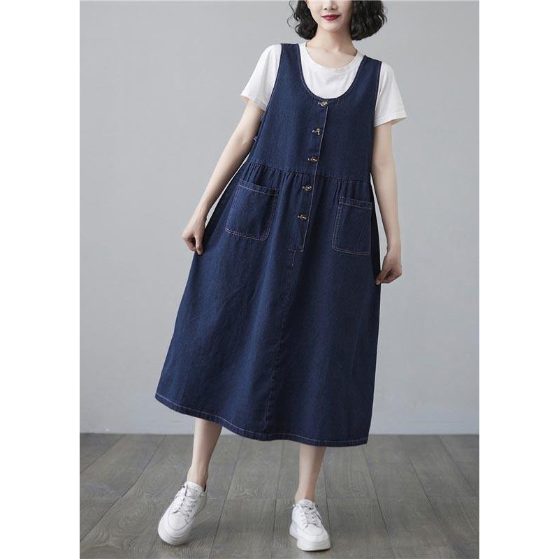 Chic Blue Summer Pockets Button Cotton Dresses
