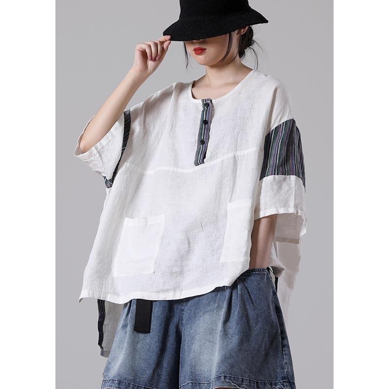 Classy White O-Neck Cotton Linen Summer Blouse Top