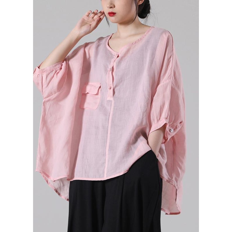 DIY Pink Button Cotton Linen Blouses Summer