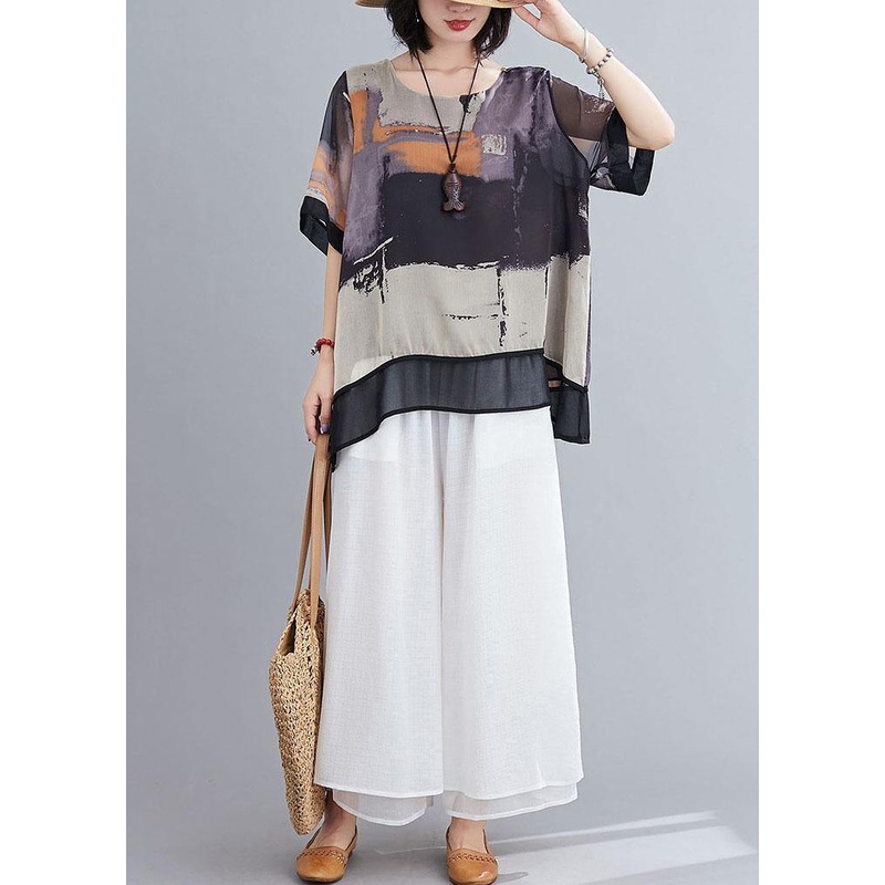 DIY Purple Print Chiffon tops White Wide Leg Summer Two Pieces Set