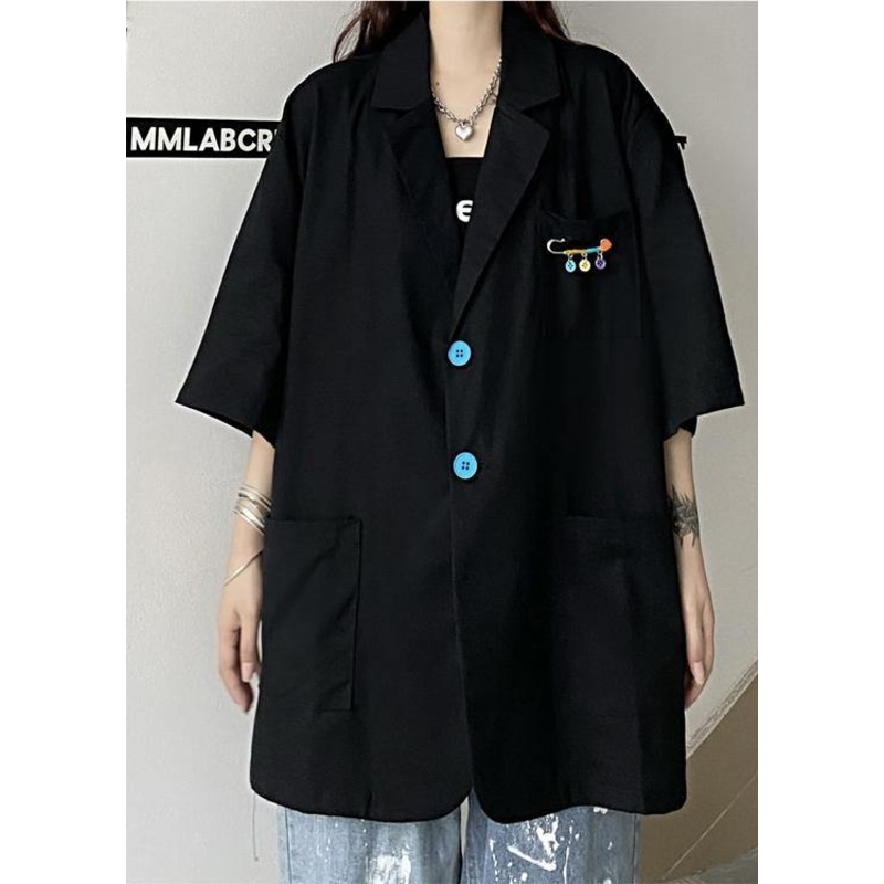 Elegant Black Pockets Short Sleeve Loose Top Summer