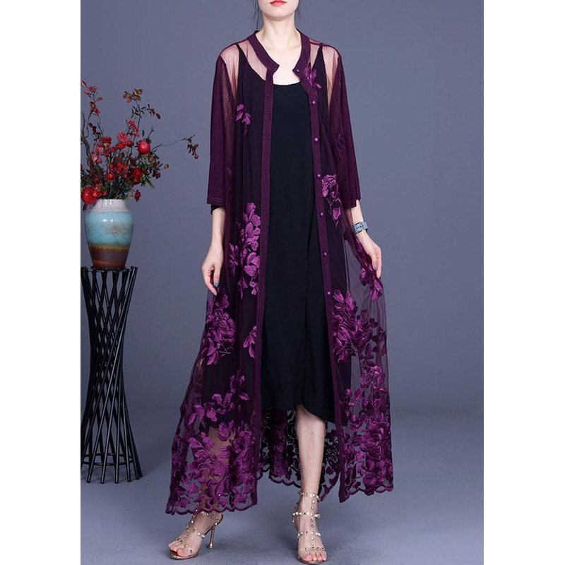 Elegant Purple tulle Embroideried Cardigans Two Piece Set Women Clothing