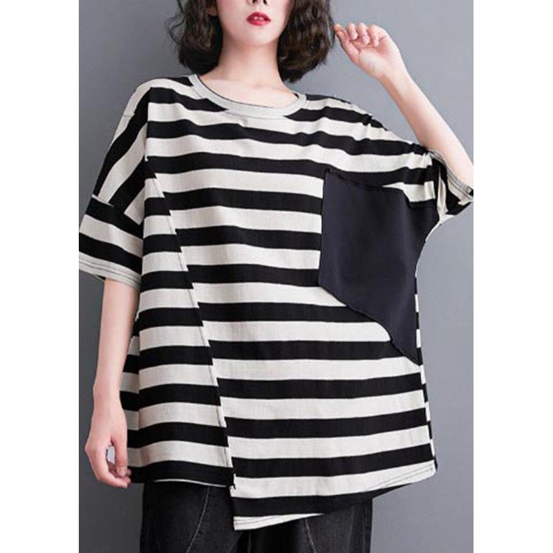 Elegant White Striped Pockets Cotton Top Summer
