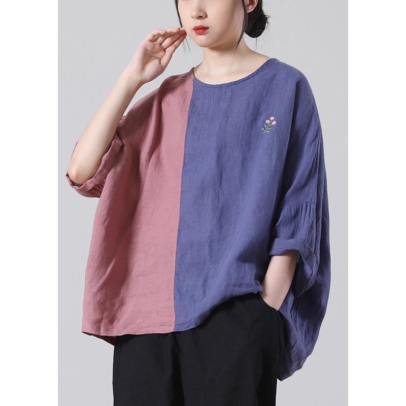 Fine Pink Patchwork Blue Tops Summer Cotton Linen