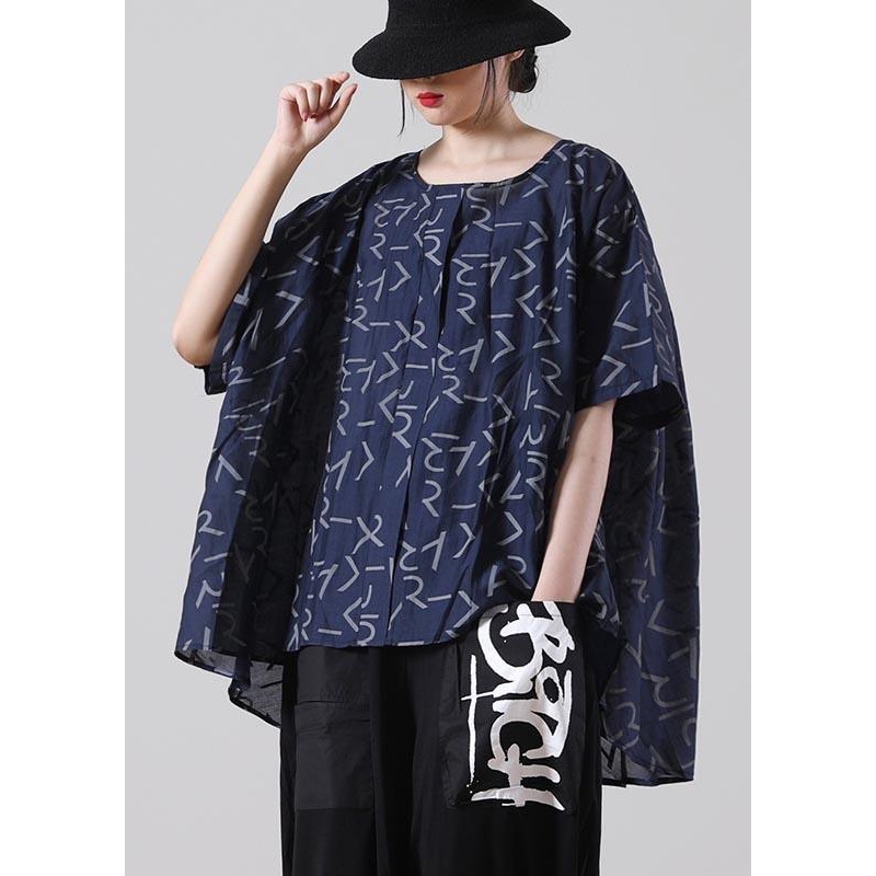 French Navy Letter low high design Cotton Summer Shirt Top