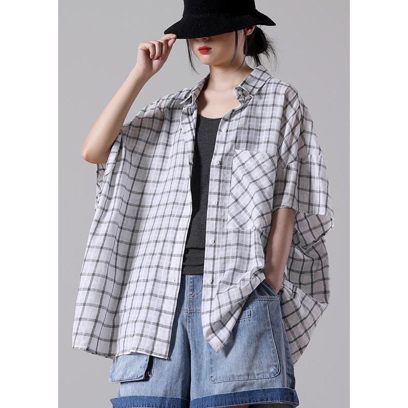 Handmade White Plaid Summer Cotton Peter Pan Collar Shirts