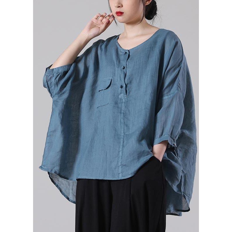 Loose Blue Pockets Cotton Linen Summer Shirt Tops