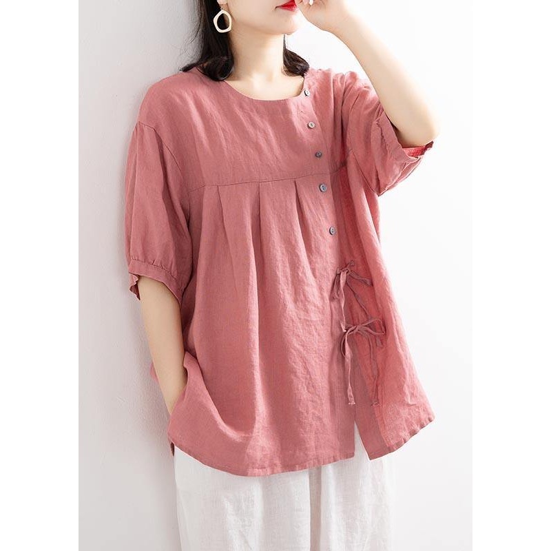 Modern Pink tie Cotton Linen Blouses Summer
