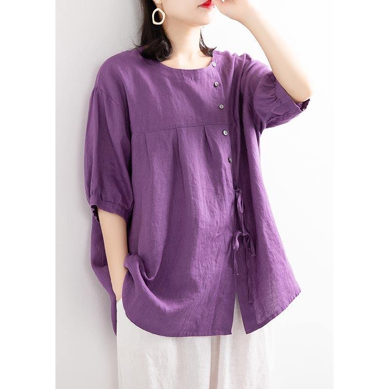 Modern Purple Button Cotton Linen Blouses Summer