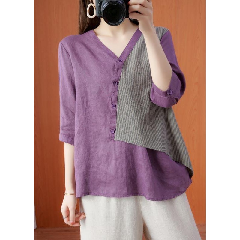 Modern Purple Patchwork asymmetrical design Cotton Linen Shirt Top Summer