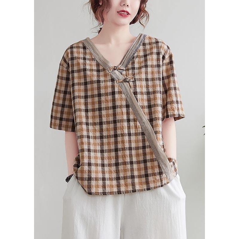 Natural Orange Plaid Oriental Cotton Linen Summer Shirt Tops
