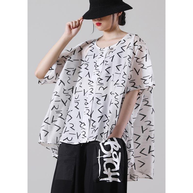 Natural White Letter Cinched Cotton Shirt Tops Summer