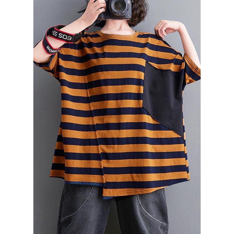 Natural Yellow Striped Half Sleeve Cotton Summer Top