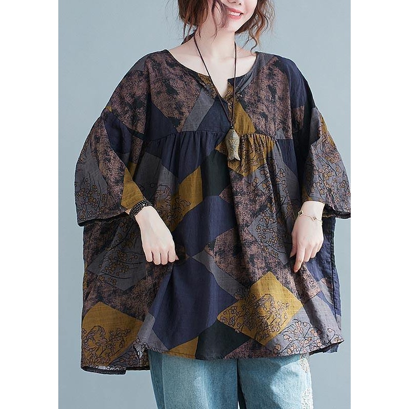 Organic Print V Neck Batwing Sleeve Cotton Top Summer