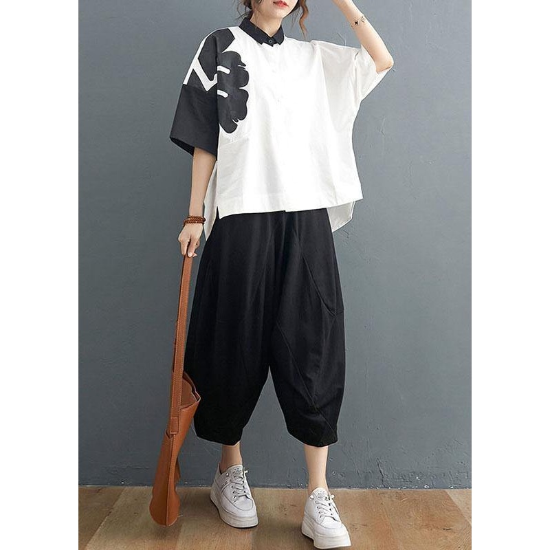 Organic White Print Black Harem Two Pieces Set Summer Cotton Linen