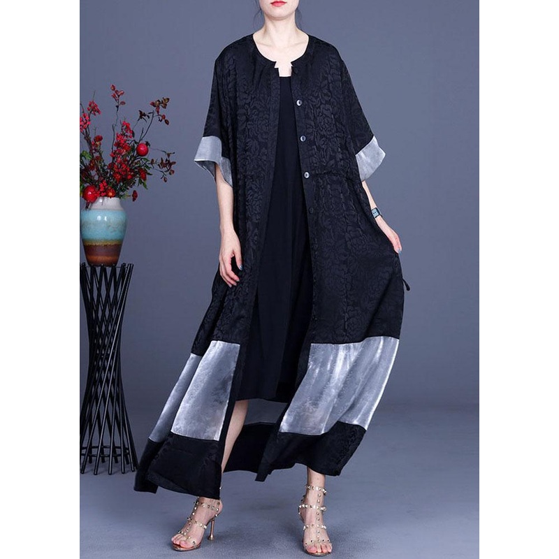 Plus Size Black Jacquard Patchwork Silk Cardigans Long
