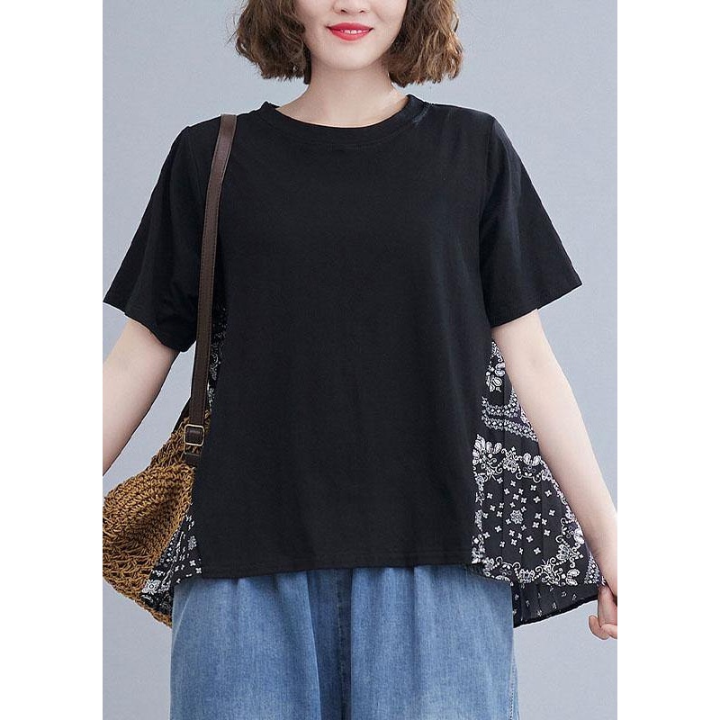 Plus Size Black Patchwork Print O-Neck Cotton Tops Summer