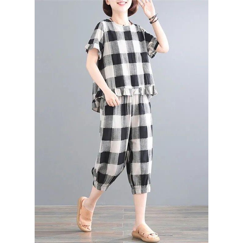 Plus Size Black Plaid Linen low high design Summer Two Piece Set