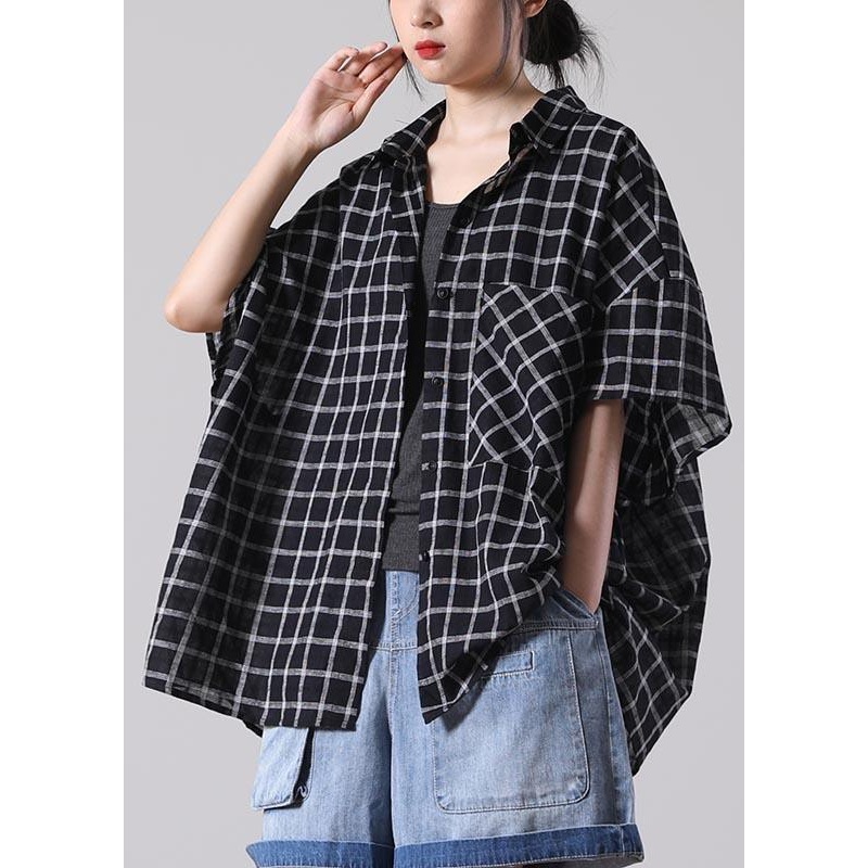 Plus Size Black Plaid Summer Cotton Button Half Sleeve Loose Tops