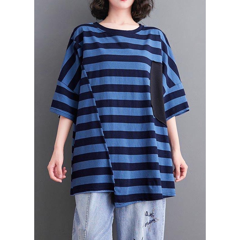 Plus Size Blue Striped O-Neck Cotton Tops Summer