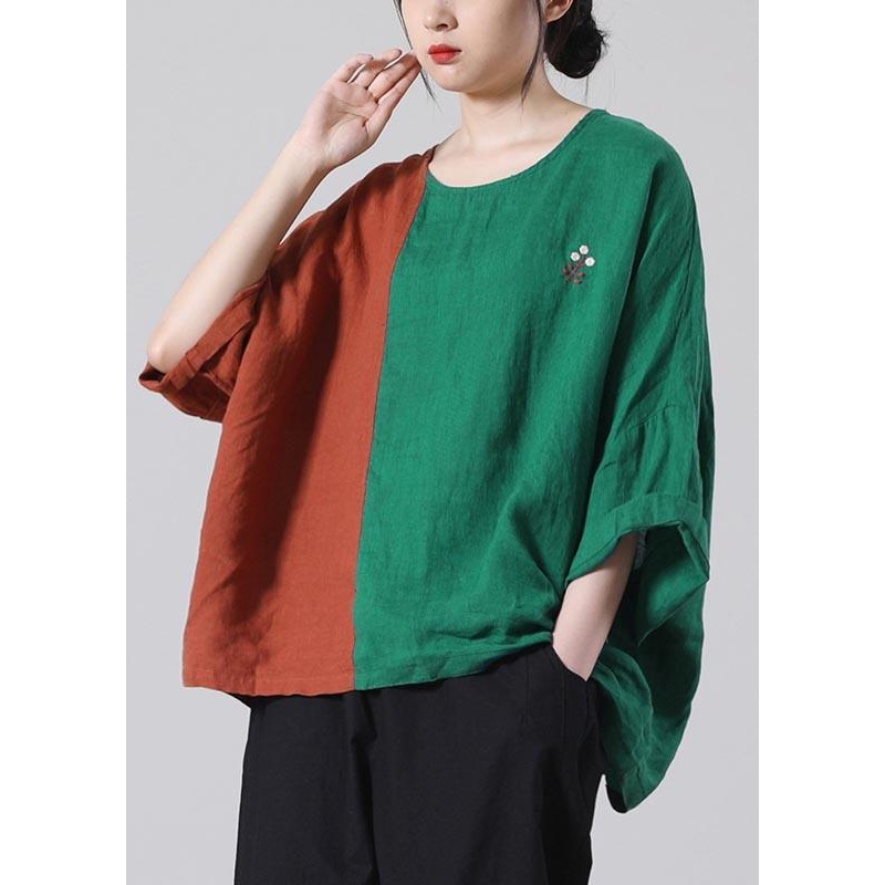 Plus Size Chocolate Patchwork Green O-Neck Summer Cotton Linen Tops