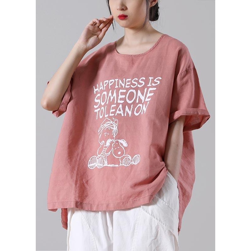Plus Size Pink Print low high design Cotton Linen Top Summer