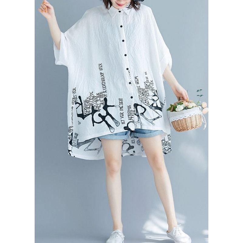 Plus Size White Graphic Peter Pan Collar Cotton Tops Summer